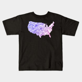 Colorful mandala art map of the United States of America in blue and violet on white background Kids T-Shirt